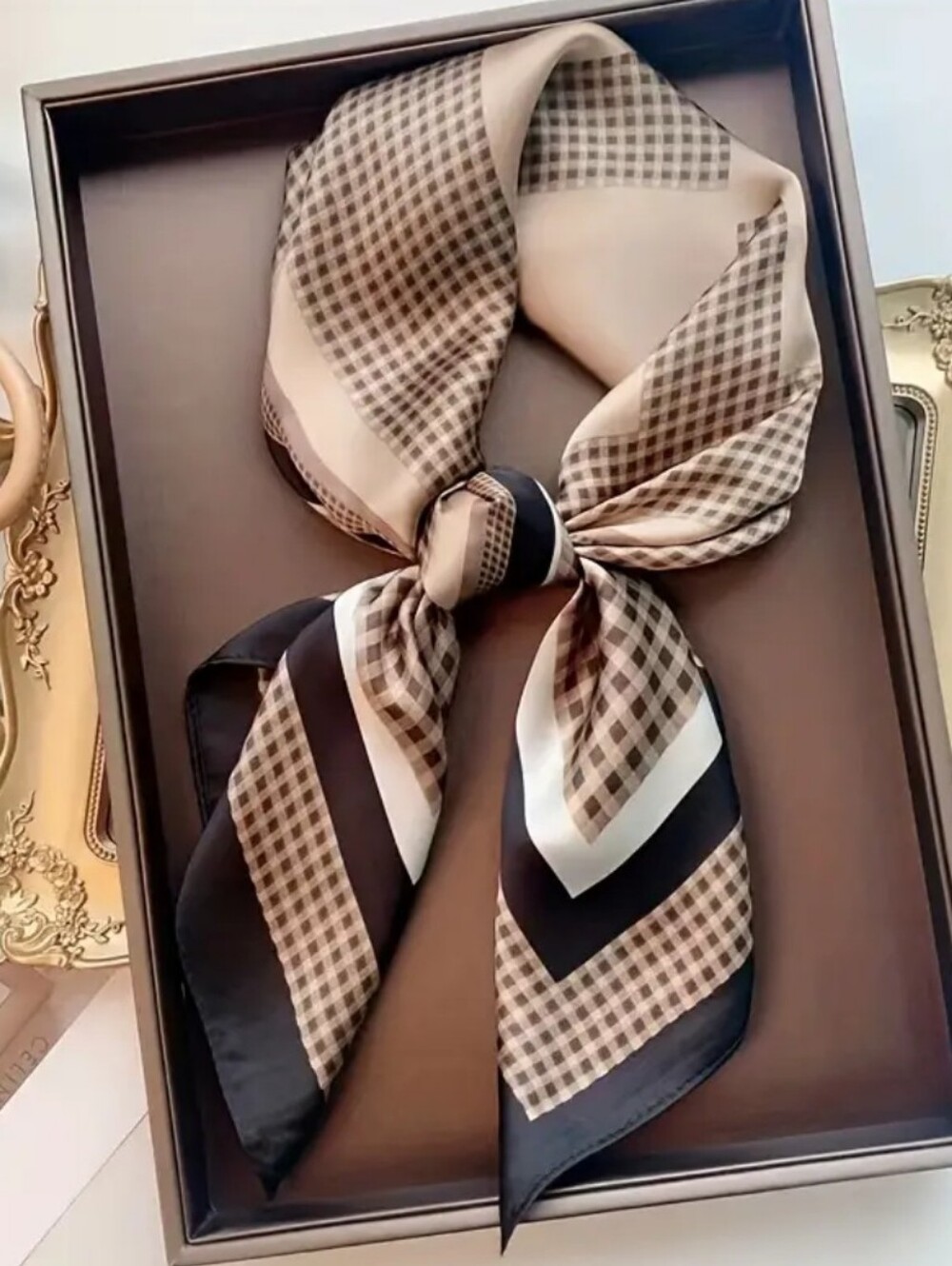 Silk-feel  Brown Patterned Scarf - Elegant Women's Head Scarf, Neck Scarf - Picture 3 of 5